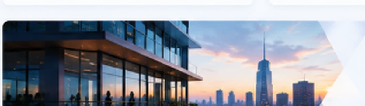 Modern enterprise corporate office overlooking panoramic sunset skyline
