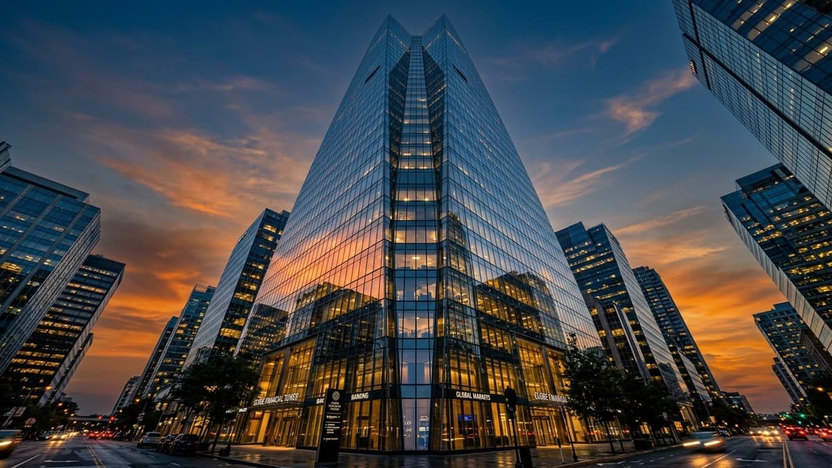 Modern financial district glass skyscraper reflecting dusk sunset