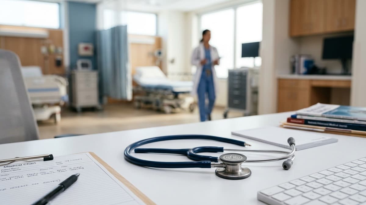 Medical stethoscope on clean clinical desk in a modern healthcare environment