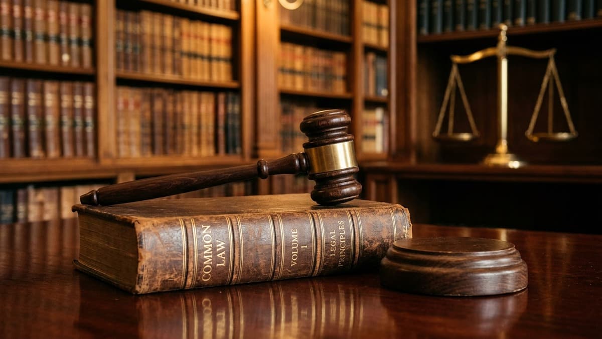 Wooden judge gavel resting on leather law book with brass scales of justice