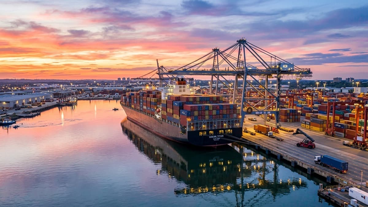 Busy maritime cargo container port and shipping cranes at sunset