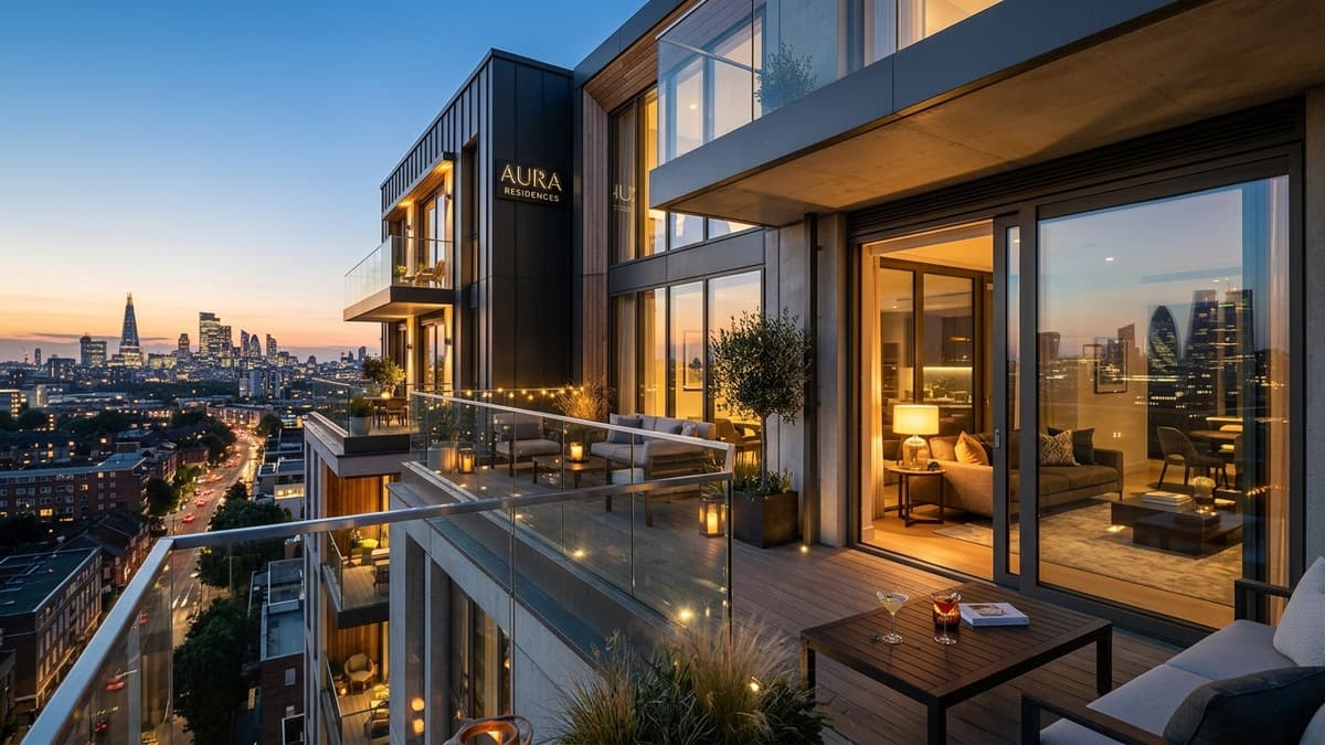 Luxury modern residential terrace and glass balconies overlooking twilight city