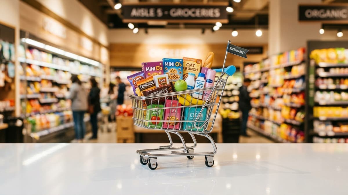 Shopping cart with goods in bright modern supermarket aisle