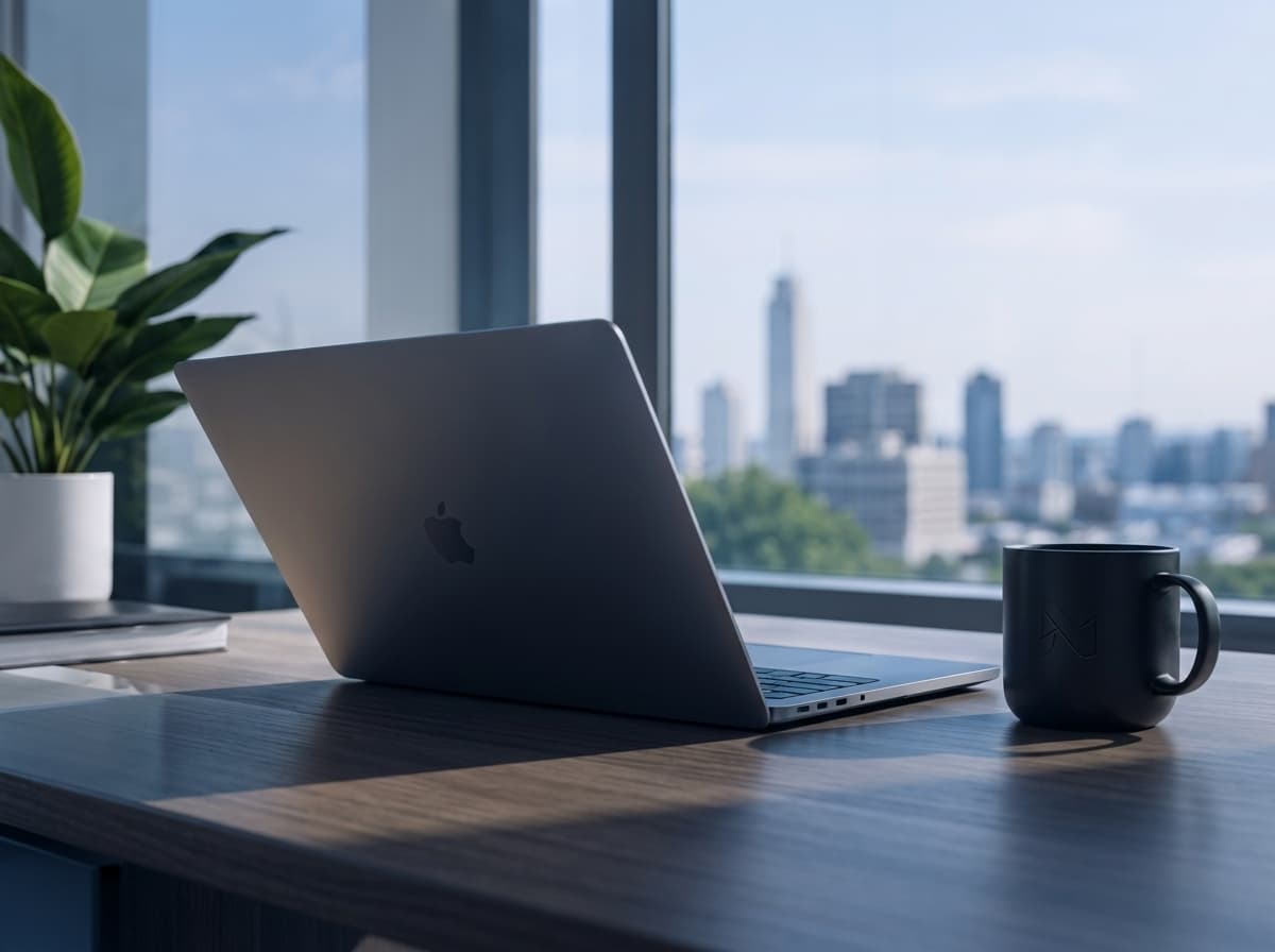 Modern executive technology workspace overlooking city skyline with laptop, coffee mug, and plant