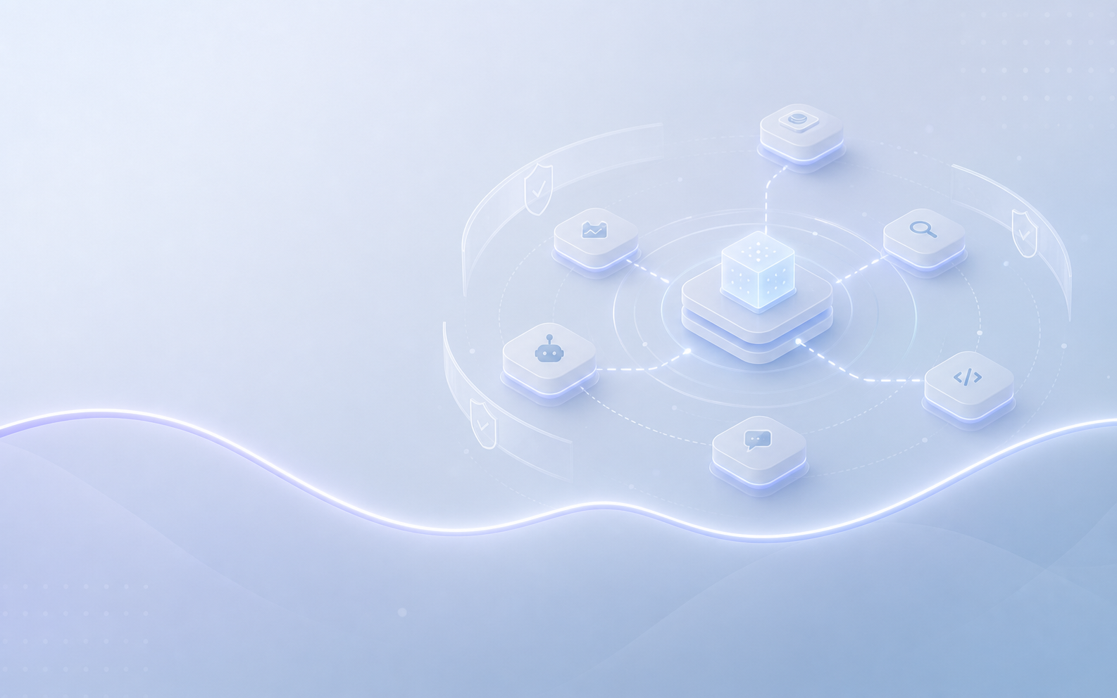 Abstract blue-gray gradient with modular orchestration paths and guardrail rings.