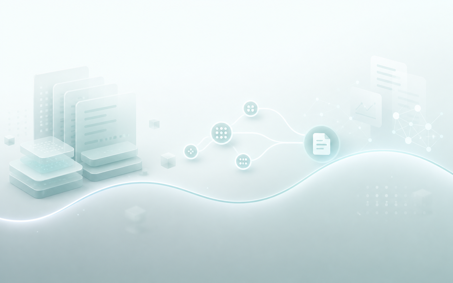 Abstract teal gradient with layered data blocks and connected retrieval nodes.